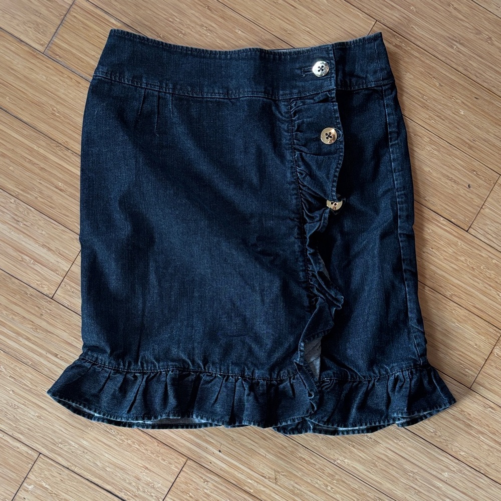 Leifsdottir Anthropologie Dark Denim Pencil Skirt with Ruffle Detail